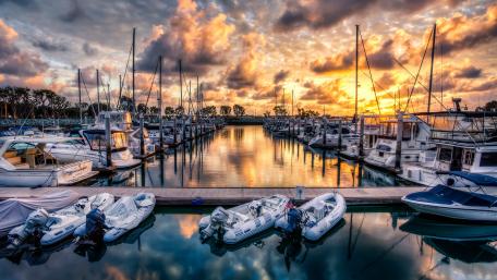 Inflatable boats in the harbor wallpaper