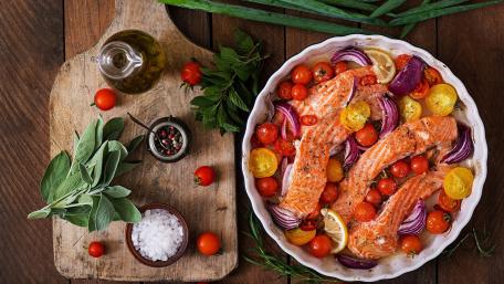 Fresh Salmon with Vegetables and Herbs Delightful Dish for Culinary Enthusiasts wallpaper