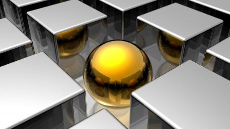 3D gold ball between the silver cubes wallpaper