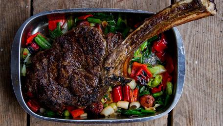 Savory Grilled Short Ribs with Colorful Vegetables wallpaper