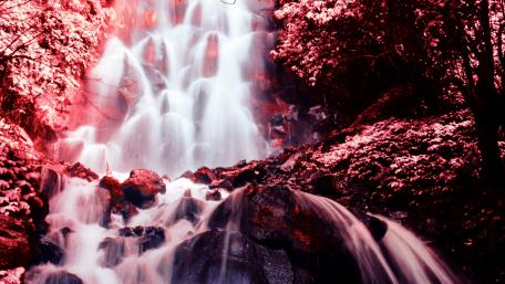 Majestic Autumn Waterfall in Crimson Hues wallpaper