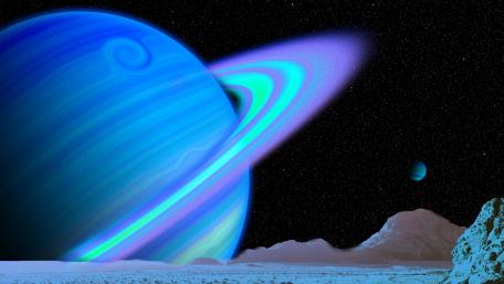 Blue ringed planet with moon wallpaper