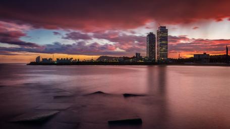 Barcelona skyline at sunset wallpaper