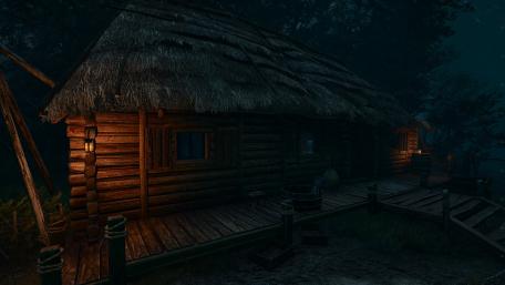 Log cabin in the twilight wallpaper