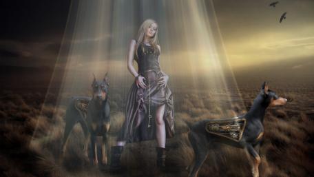 Woman with robot doberman dogs - Steampunk art wallpaper
