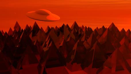 Flying saucer over the mountain - Red fantasy landscape wallpaper