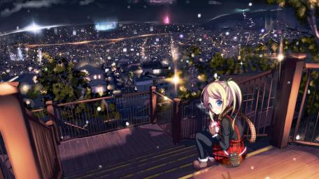 Anime girl sitting on the stairs above the city lights wallpaper
