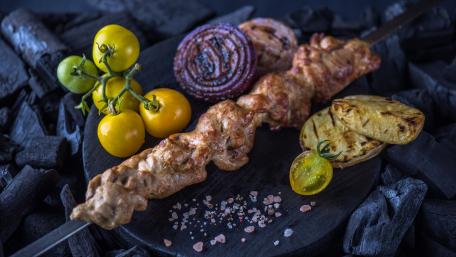Shashlik with yellow tomatoes wallpaper