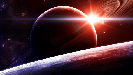 Ringed Planet in Cosmic Dawn wallpaper