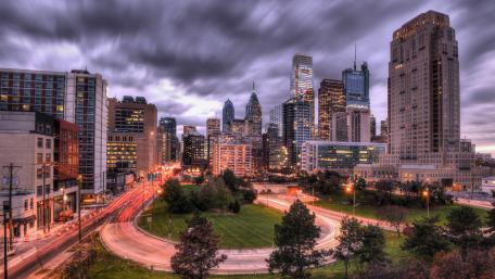 Stunning Cityscape at Dusk with Lights and Skyscrapers wallpaper
