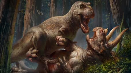 Prehistoric Titans Clash in Mystic Forest wallpaper