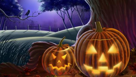 Halloween Jack O' Lanterns in Eerie Forest wallpaper