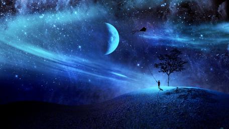 Kite-flying at night - Fantasy art wallpaper