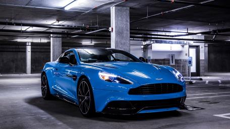 Dream Blue Aston Martin Vantage in Stylish Garage wallpaper