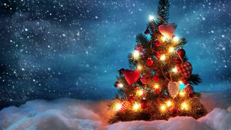 Christmas tree in the night snowfall wallpaper