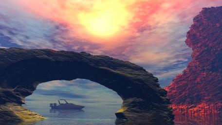 Motorboat in the rocky bay - Fantasy landscape wallpaper