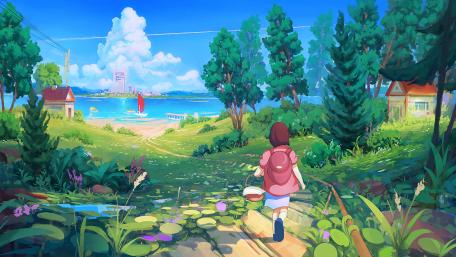 Child walks to the lakeshore wallpaper