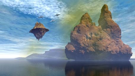 Scifi landscape with UFOs wallpaper