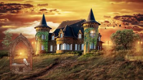 Fantasy castle with well wallpaper