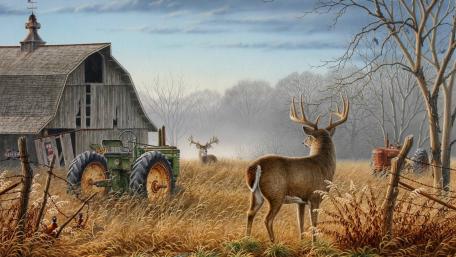 Deers on an abandoned farm painting art wallpaper