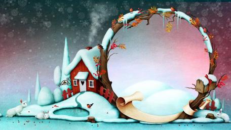 White rabbits at the snowy cottage wallpaper