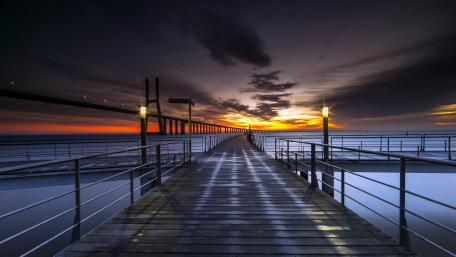 Vasco da Gama Bridge and pier, Lisbon, Portugal wallpaper