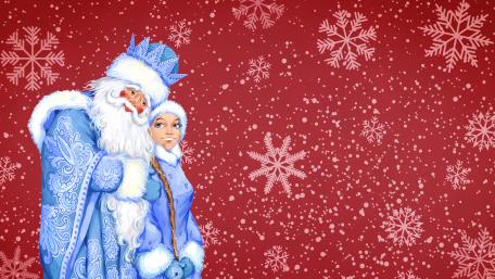 Santa Claus on red snowflakes background wallpaper