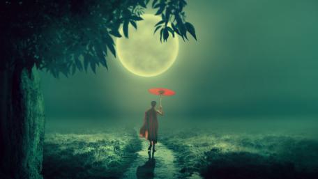 Monk in the moonlight wallpaper
