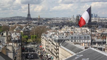 Paris Cityscape Behind the Flag of France wallpaper