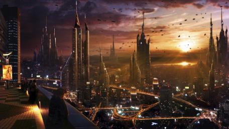 Futuristic  metropolis at sunset wallpaper