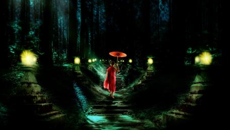 Young buddhist monk in the night forest wallpaper
