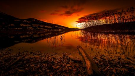 Red Sunset Over Serene Lake Landscape wallpaper