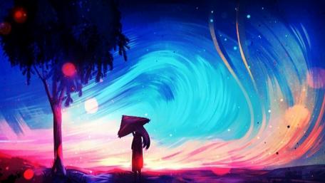 Asian girl in the colourful wind wallpaper