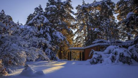 House in the snowy forest wallpaper