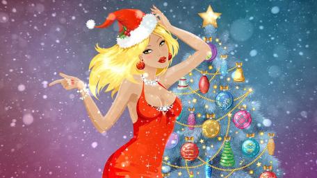 Blonde girl as Santa Claus wallpaper