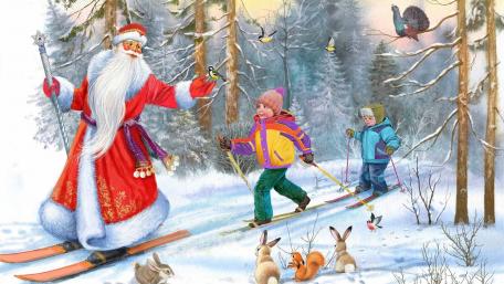 Santa’s Ski Adventure with Joyful Children in a Winter Wonderland wallpaper