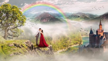 Asian couple under the rainbow wallpaper