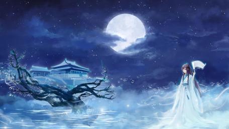 Anime girl at full moon wallpaper