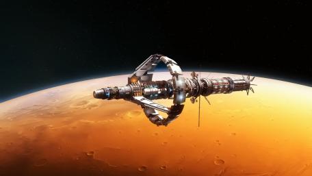 Futuristic Space Station Orbiting an Alien Planet wallpaper