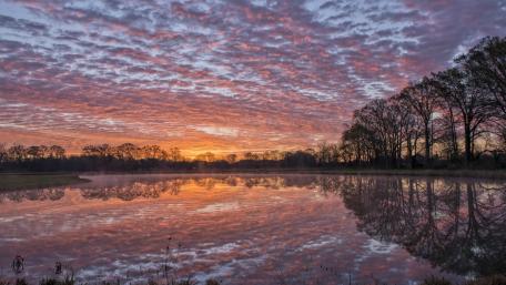 Serene Sunset Reflection in a Tranquil Lake wallpaper