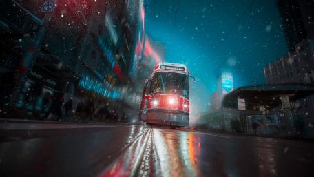 Winter Tram Journey Through the Cityscape wallpaper