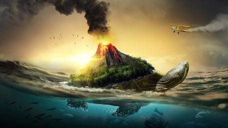 Surrealistic turtle volcano wallpaper