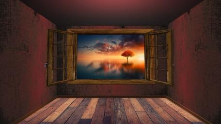 Opened window to a lake wallpaper