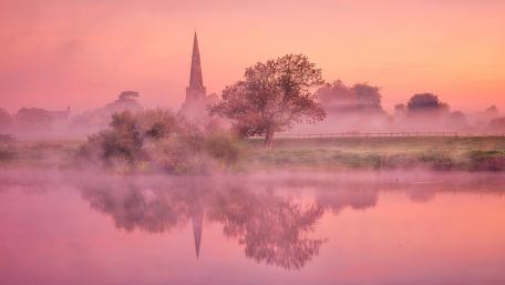 Dawn's Serene Reflection in Pink Mist wallpaper