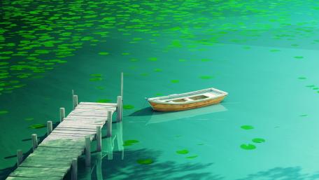 Tranquil Lake with Boat and Pier Artistry wallpaper