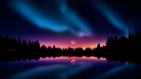 Polar lights and full moon wallpaper