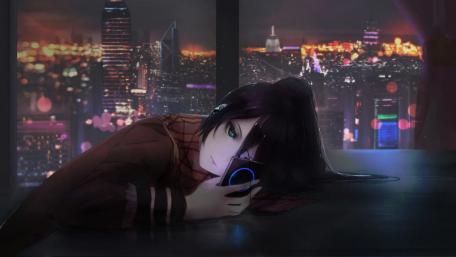 Anime girl listening to music wallpaper