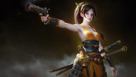 Steampunk gunfighter samurai woman wallpaper