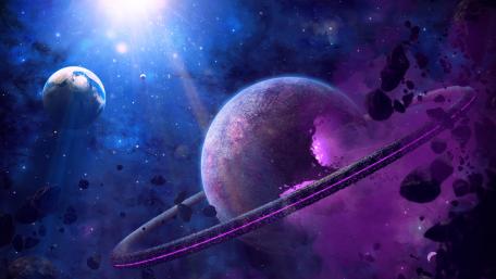 Ringed planet and the Earth wallpaper