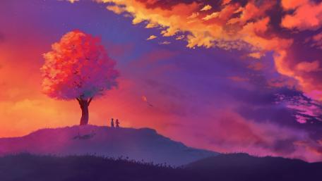 Kite flying under a pink tree wallpaper